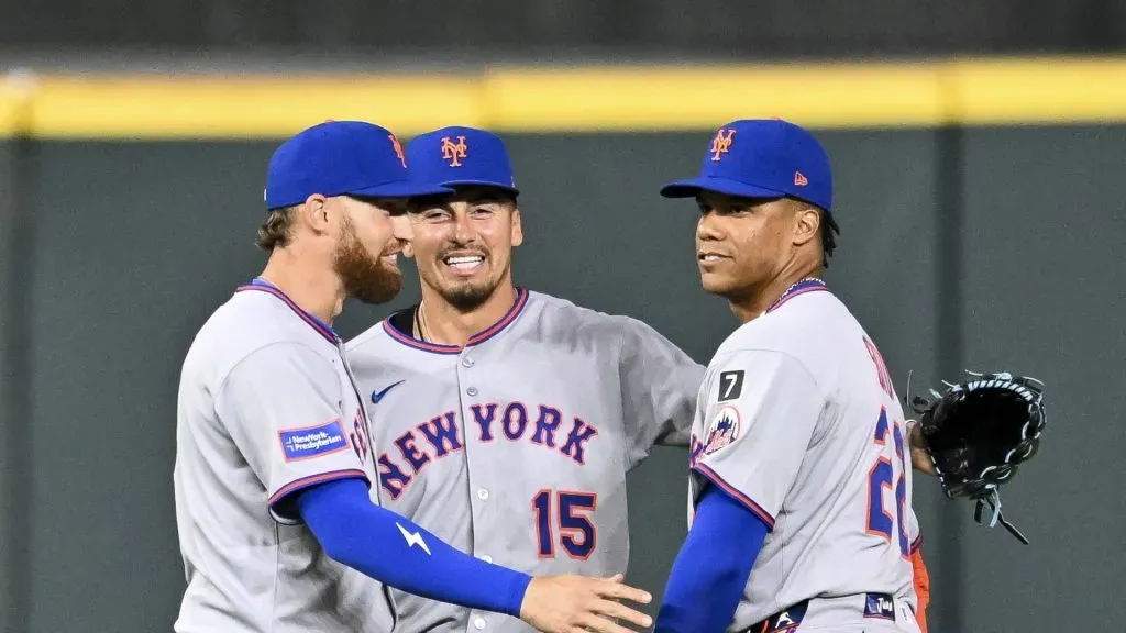 Juan Soto #22, Tyrone Taylor and Brandon Nimmo #9 of the New York Mets celebrate after their teamās win over the Houston Astros at Daikin Park on March 28, 2025 in Houston, Texas.