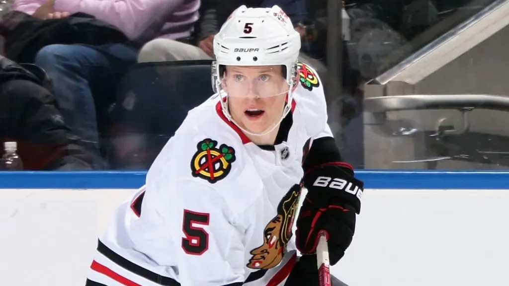 Connor Murphy #5 of the Chicago Blackhawks skates against the New York Islanders at UBS Arena on December 12, 2024 in Elmont, New York.