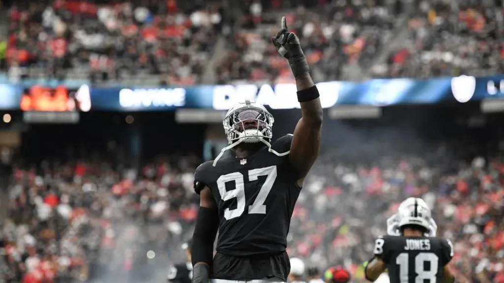 Defensive end Janarius Robinson #97 of the Las Vegas Raiders prepares for the start of the game against the Kansas City Chiefs at Allegiant Stadium on November 26, 2023 in Las Vegas, Nevada. The Chiefs defeated the Raiders 31-17.