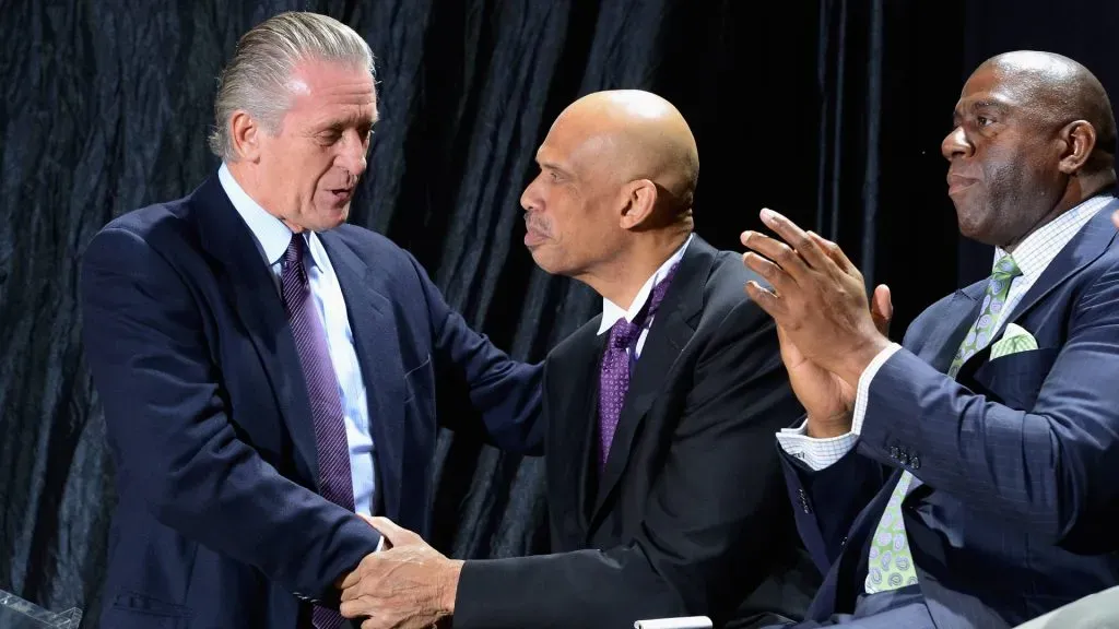 Pat Riley, Kareem Abdul-Jabbar, and Earvin “Magic” Johnson pictured during the unveiling ceremony of Abdul-Jabbar’s statue at Staples Center in 2012.