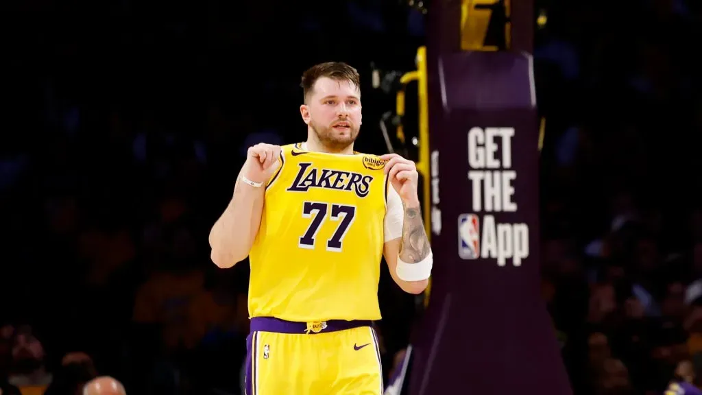 Luka Doncic #77 and LeBron James #23 of the Los Angeles Lakers