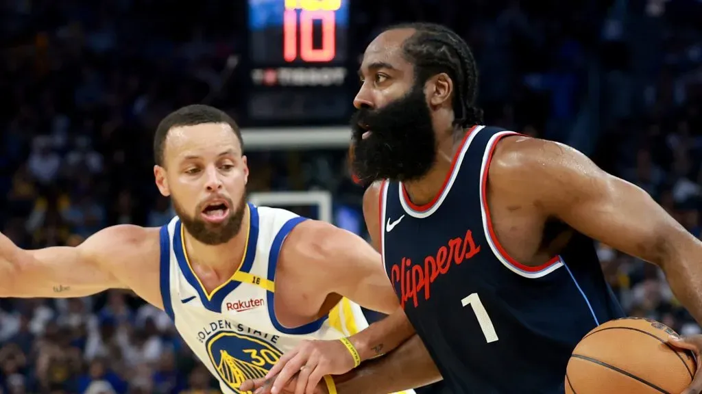 James Harden #1 of the LA Clippers is guarded by Stephen Curry #30 of the Golden State Warriors