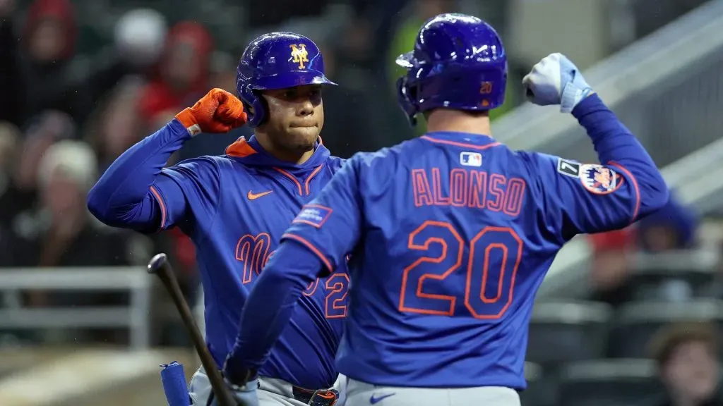 Juan Soto #22 of the New York Mets celebrates his two-run home run against the Minnesota Twins with teammate Pete Alonso #20 in the seventh inning at Target Field on April 14, 2025 in Minneapolis, Minnesota. The Mets defeated the Twins 5-1. (Photo by David Berding/Getty Images)