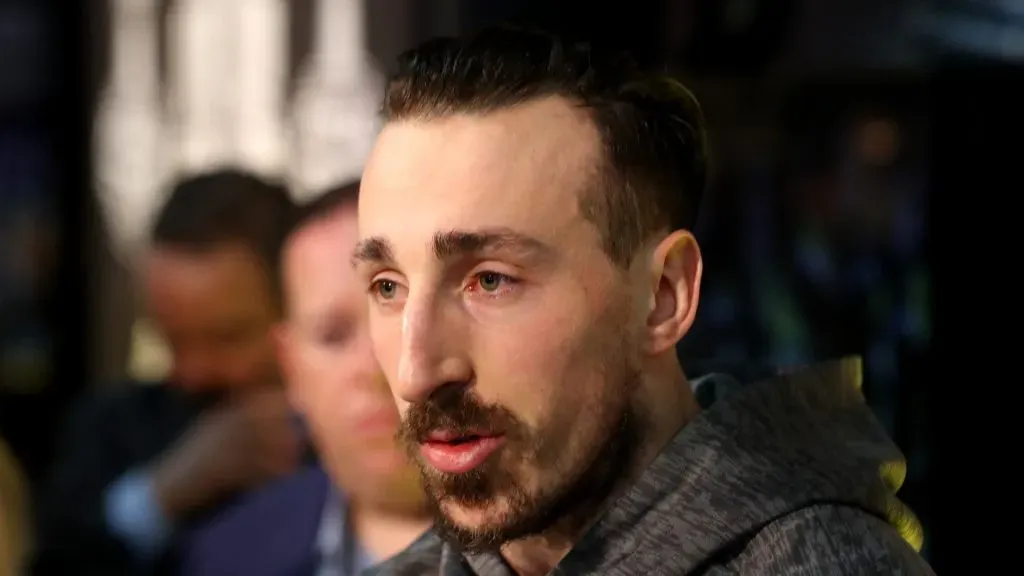 Brad Marchand #63 of the Boston Bruins speaks during Media Day ahead of the 2019 NHL Stanley Cup Final at TD Garden on May 26, 2019 in Boston, Massachusetts.