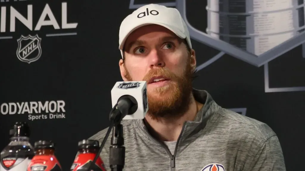 Connor McDavid #97 of the Edmonton Oilers speaks to the media during Media Day prior to the 2024 Stanley Cup Final at Amerant Bank Arena on June 07, 2024 in Sunrise, Florida.