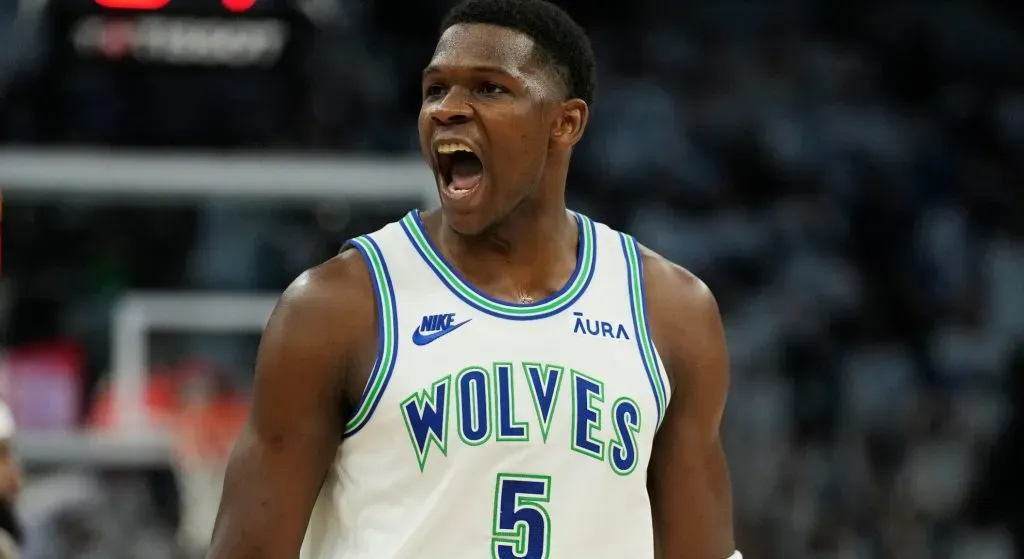 Anthony Edwards celebrating with Minnesota Timberwolves against Phoenix Suns