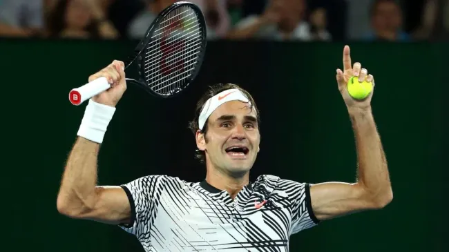 Roger Federer of Switzerland celebrates winning championship point against Rafael Nadal of Spain during the 2017 Australian Open. (Cameron Spencer/Getty Images)