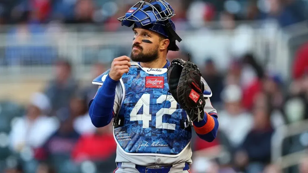 MINNEAPOLIS, MINNESOTA – APRIL 15: Luis Torrens #13 of the New York Mets looks on against the Minnesota Twins in the first inning at Target Field on April 15, 2025 in Minneapolis, Minnesota. All players are wearing the number 42 in honor of Jackie Robinson Day. (Photo by David Berding/Getty Images)