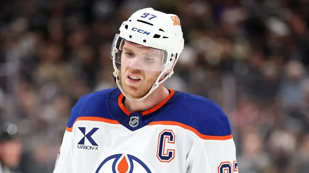 Connor McDavid #97 of the Edmonton Oilers reacts against the Los Angeles Kings during the third period in Game One of the First Round of the 2025 Stanley Cup Playoffs at Crypto.com Arena on April 21, 2025 in Los Angeles, California.
