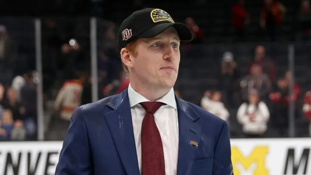 Denver Pioneers Head Coach David Carle looks on after the Pioneers defeat the Minnesota State Mavericks 5-1 in the 2022 NCAA Division I Man’s Ice Hockey Championship game at TD Garden on April 09, 2022 in Boston, Massachusetts.