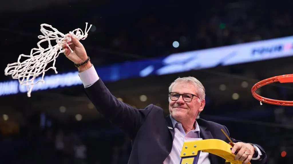 Head coach Geno Auriemma of the UConn Huskies celebrates with the net after beating the South Carolina Gamecocks 82-59 to win the National Championship of the NCAA Women’s Basketball Tournament at Amalie Arena on April 06, 2025 in Tampa, Florida.