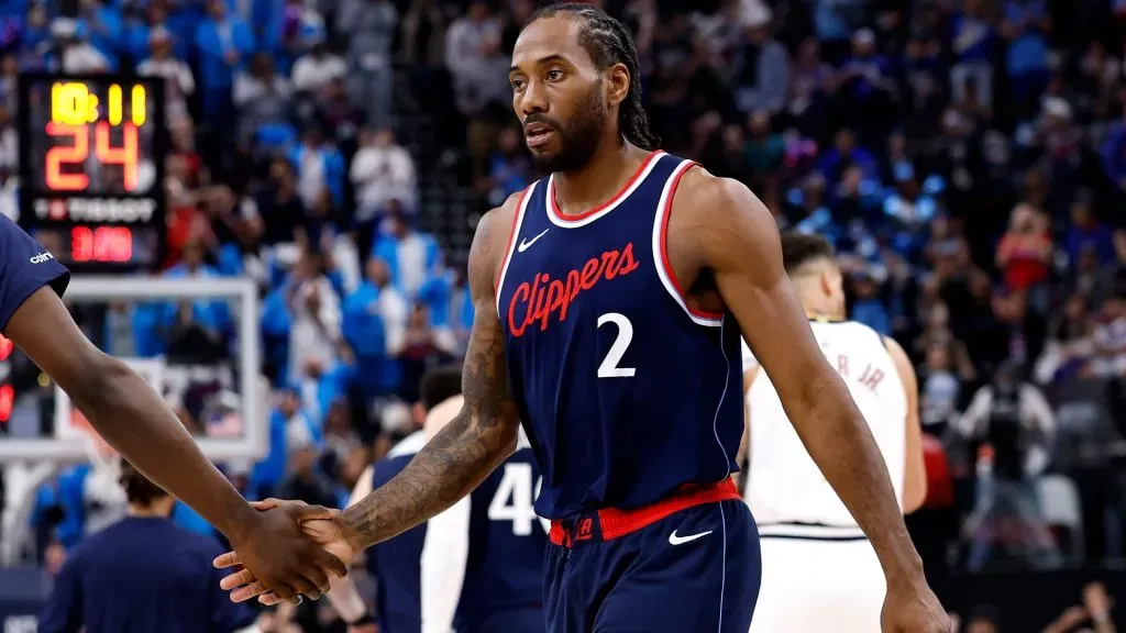 Kawhi Leonard #2 of the Los Angeles Clippers reacts against the Denver Nuggets during the second quarter in Game Three of the Western Conference First Round NBA Playoffs. (Ronald Martinez/Getty Images)