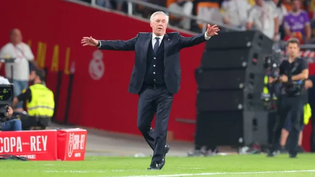 Carlo Ancelotti reacts during the 2025 Copa del Rey final (Fran Santiago/Getty Images)
