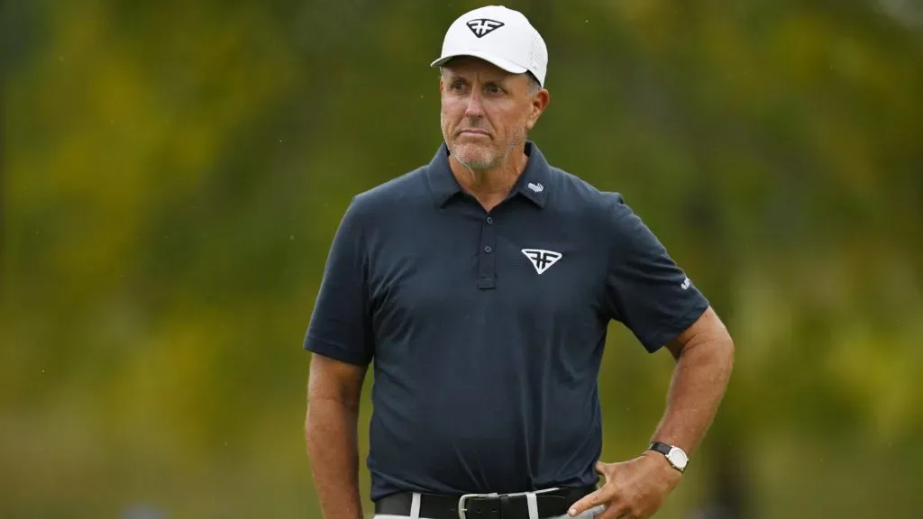 Phil Mickelson reacts after a putt on the 15th holeduring day one of the LIV Golf Invitational – Chicago at Rich Harvest Farms on September 22, 2023. (Source: Quinn Harris/Getty Images)