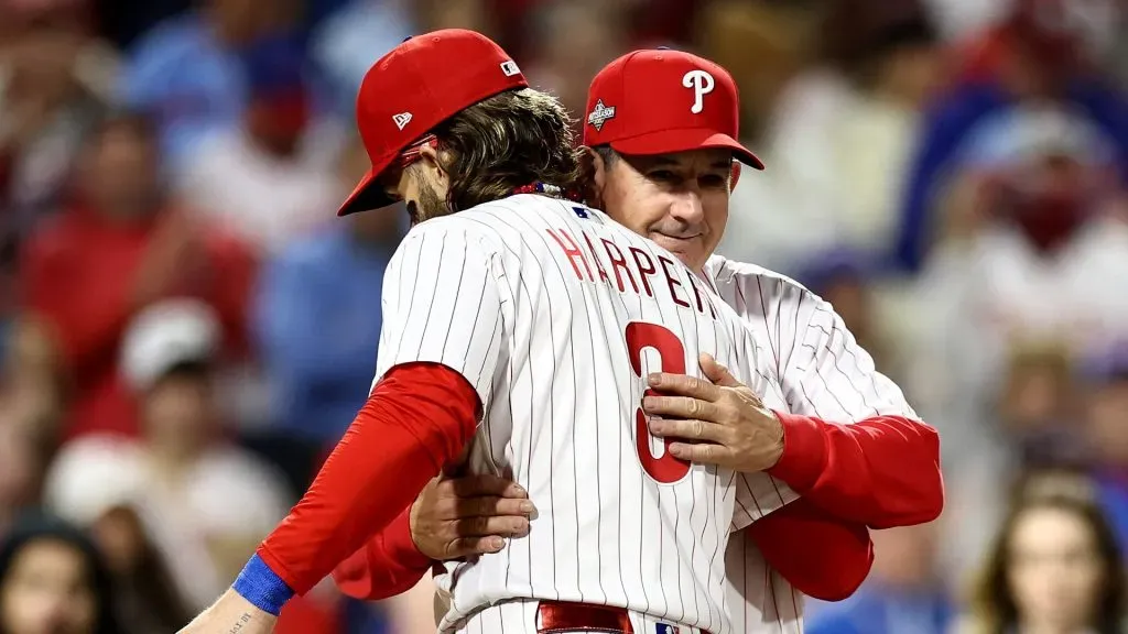 Manager Rob Thomson #59 greets Bryce Harper #3 of the Philadelphia Phillies before the start of Game One of the Championship Series against the Arizona Diamondbacks