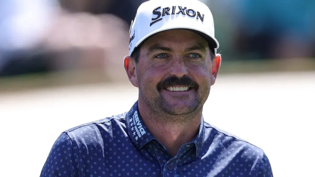 Keegan Bradley of the United States reacts after his shot from the third tee during a practice round prior to the 2025 Masters Tournament on April 08, 2025. (Source: Andrew Redington/Getty Images)