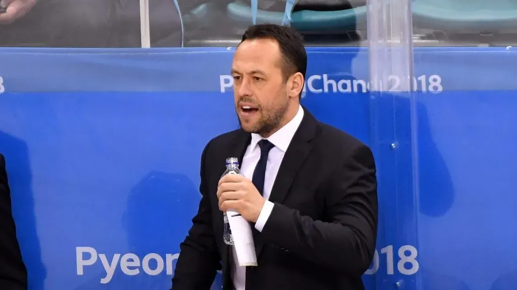 Head coach Marco Sturm of Germany looks on in the first period against Olympic Athletes from Russia during the Men’s Gold Medal Game on day sixteen of the PyeongChang 2018 Winter Olympic Games in Gangneung, South Korea.