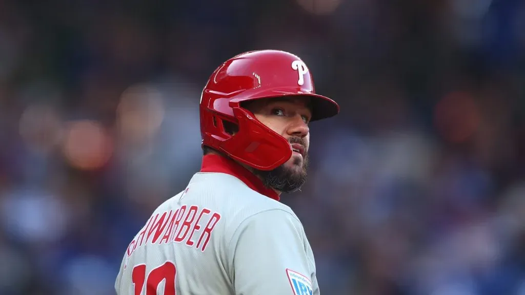 Kyle Schwarber #12 of the Philadelphia Phillies looks on during the first inning against the Chicago Cubs