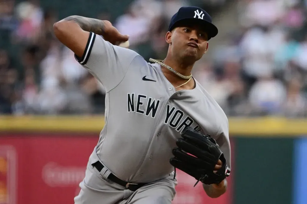 Luis Gil #81 of the New York Yankees delivers the baseball in the first inning against the Chicago White Sox