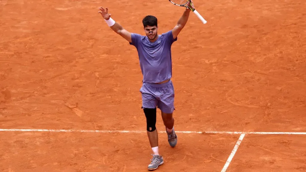 Carlos Alcaraz of Spain celebrates match point whilst playing against Karen Khachanov during their Round of 16 match of the Rome Open. (Dan Istitene/Getty Images)