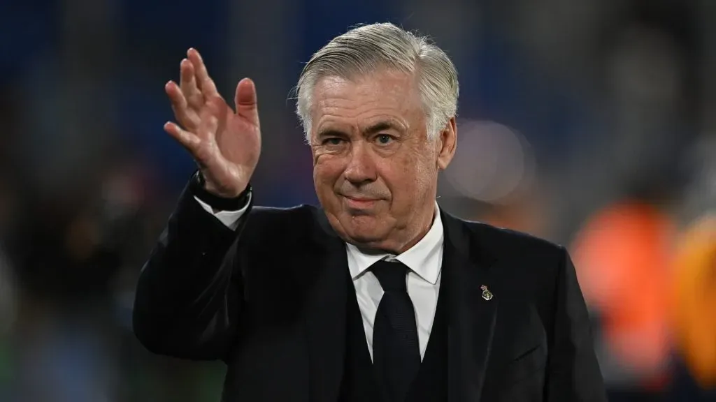 Carlo Ancelotti, Head Coach of Real Madrid, gestures during the LaLiga match between Getafe CF and Real Madrid CF at Coliseum Alfonso Perez on April 23, 2025. (Source: Denis Doyle/Getty Images)