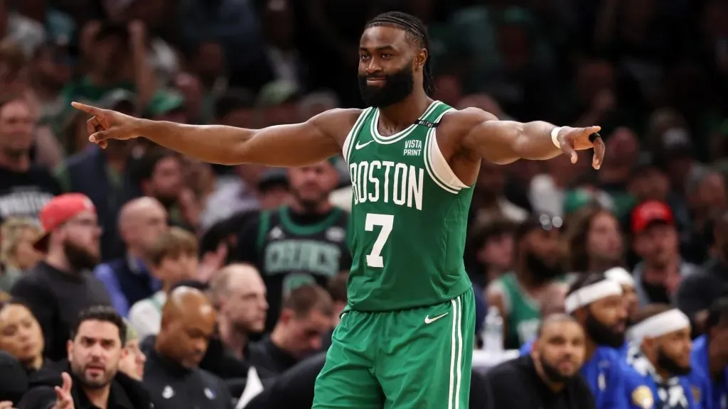 Jaylen Brown #7 of the Boston Celtics reacts after a play against the Dallas Mavericks during the fourth quarter of Game Five of the 2024 NBA Finals. (Source: Elsa/Getty Images)