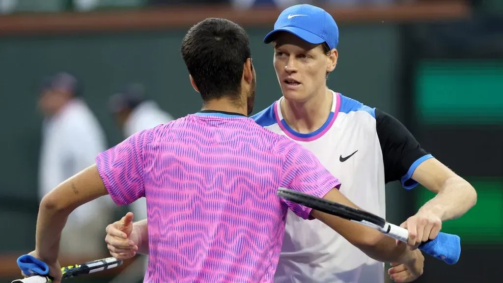 Carlos Alcaraz of Spain is congratulated by Jannik Sinner of Italy after their match during the Indian Wells semifinal. (Matthew Stockman/Getty Images)