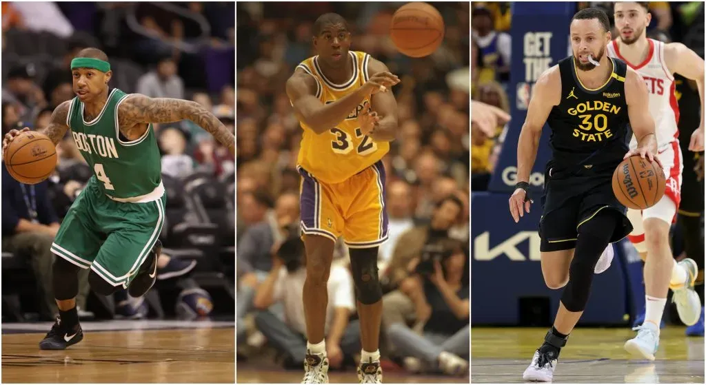 NBA historic point guarders: Stephen Curry, Magic Johnson and Isaiah Thomas
