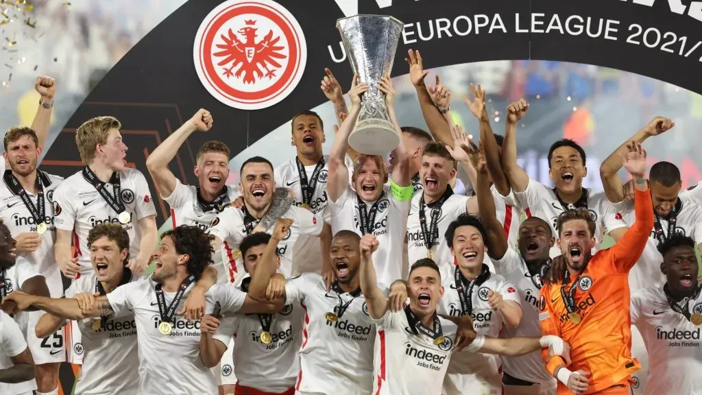 Sebastian Rode of Eintracht Frankfurt lifts the UEFA Europa League Trophy following their team’s victory during the UEFA Europa League final match in 2022. (Source: Alex Grimm/Getty Images)