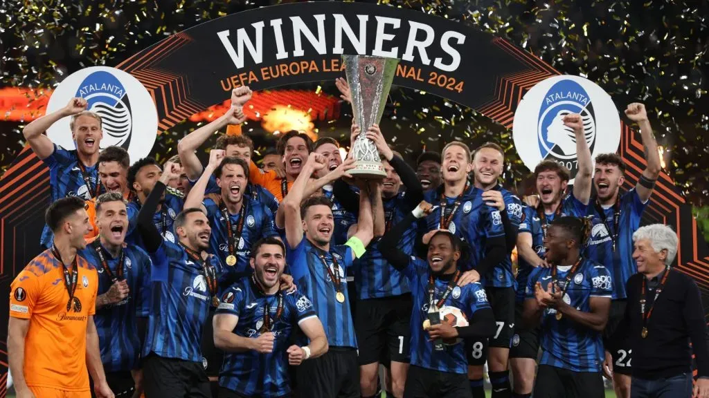 Berat Djimsiti of Atalanta BC lifts the UEFA Europa League Trophy with teammates after their team’s victory during the UEFA Europa League 2023/24 final match. (Source: Alex Grimm/Getty Images)