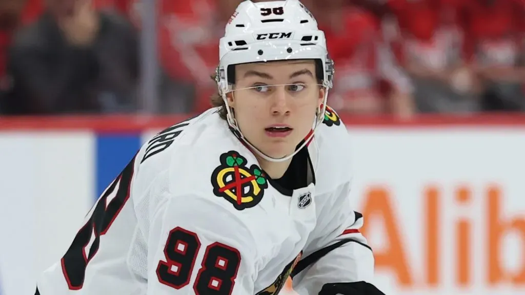 Connor Bedard #98 of the Chicago Blackhawks skates against the Washington Capitals during the first at Capital One Arena on April 04, 2025 in Washington, DC.