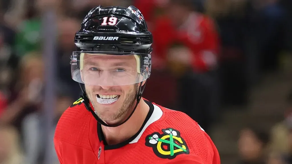 Jonathan Toews #19 of the Chicago Blackhawks looks on against the Edmonton Oilers during the second period at United Center on October 27, 2022 in Chicago, Illinois.