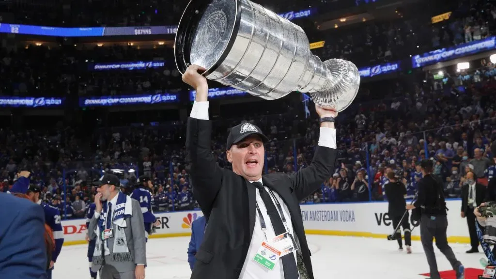 Mathieu Darche of the Tampa Bay Lightning celebrates with the Stanley Cup following the victory over the Montreal Canadiens in Game Five of the 2021 NHL Stanley Cup Final