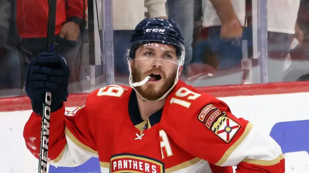 Matthew Tkachuk #19 of the Florida Panthers plays against the Carolina Hurricanes in Game Four of the Eastern Conference Finals of the 2023 Stanley Cup Playoffs at FLA Live Arena on May 24, 2023 in Sunrise, Florida.