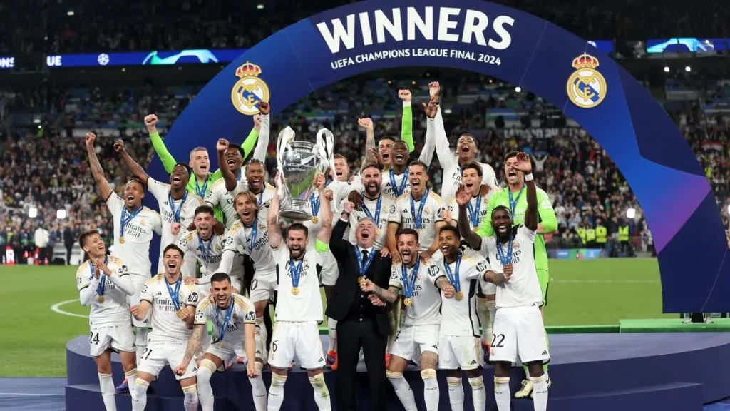 Nacho Fernandez of Real Madrid lifts the UEFA Champions League Trophy after his team’s victory during the UEFA Champions League 2023/24 Final match. (Source: Lars Baron/Getty Images)