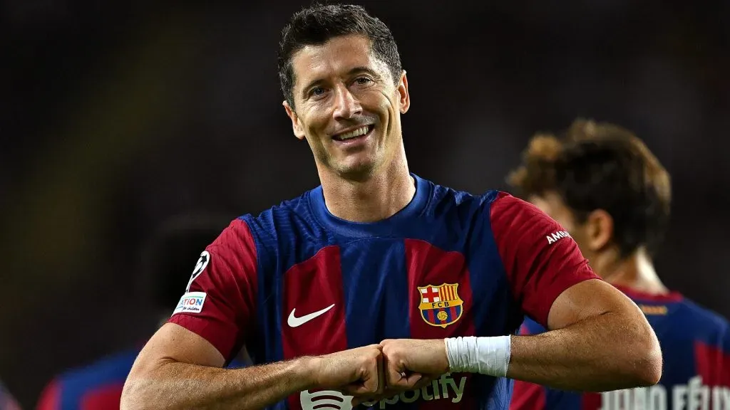 Robert Lewandowski of Barcelona celebrates after scoring the team’s second goal during the UEFA Champions League Group H match in 2023. (Source: David Ramos/Getty Images)
