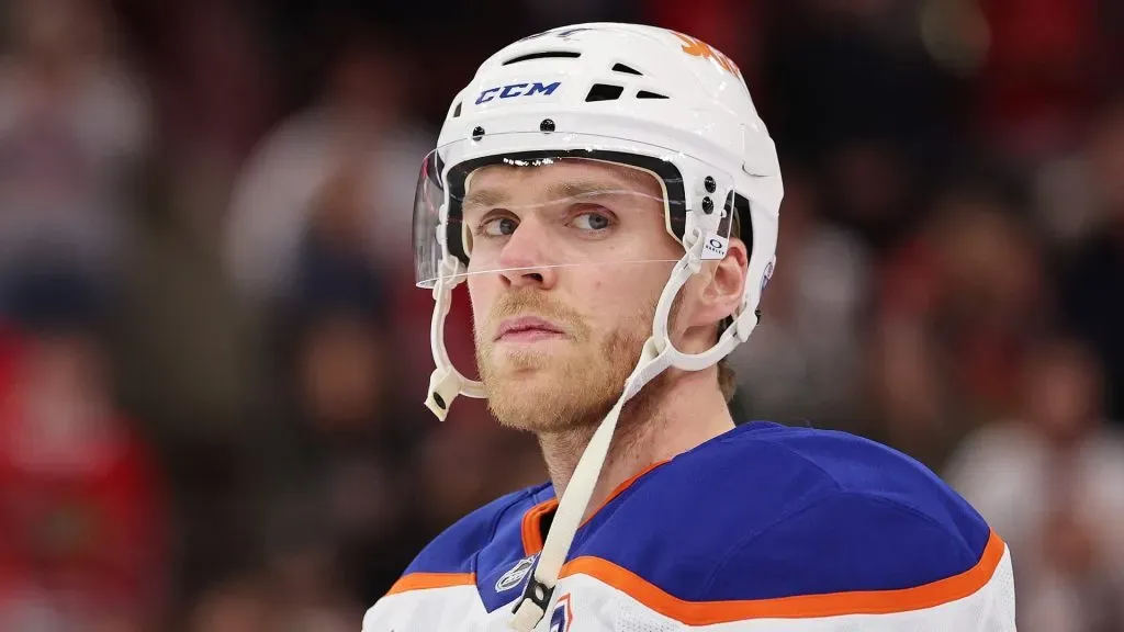 Connor McDavid #97 of the Edmonton Oilers warms up prior to the game against the Chicago Blackhawks at the United Center on January 11, 2025 in Chicago, Illinois.