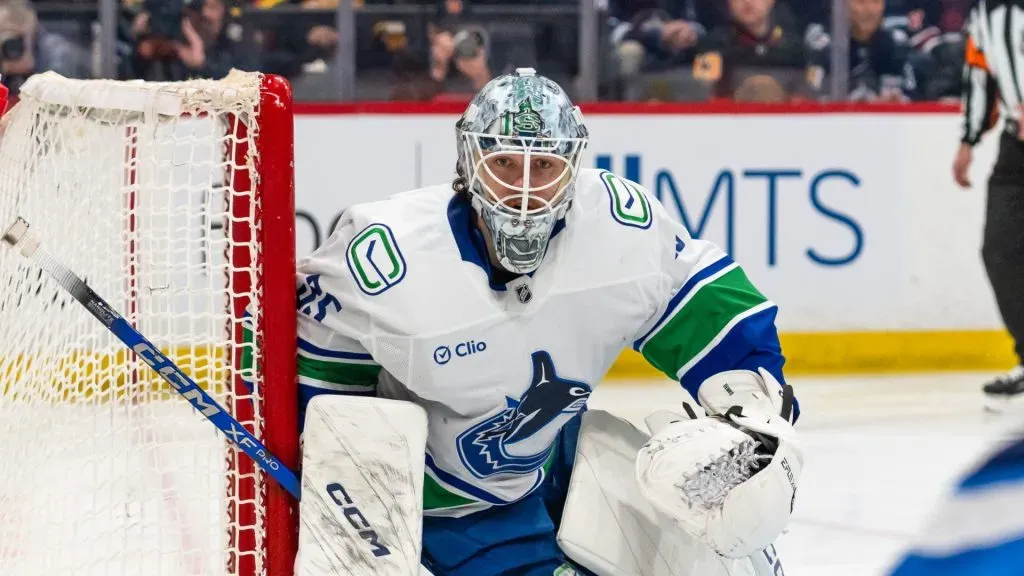 Thatcher Demko #35 of the Vancouver holds his post in the second period against the Winnipeg Jets at Canada Life Centre on March 30, 2025 in Winnipeg, Canada.