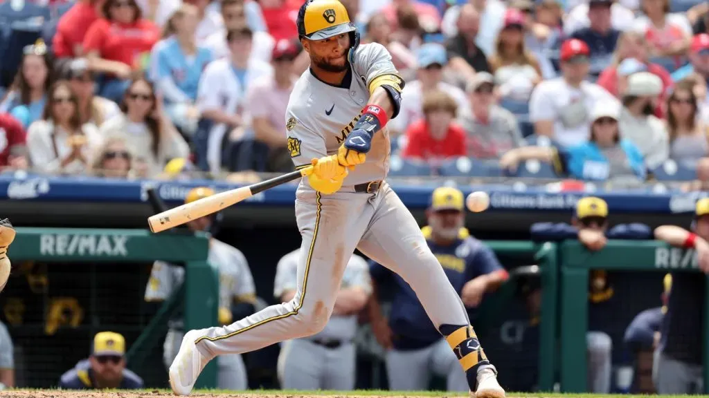 Jackson Chourio #11 of the Milwaukee Brewers swings at a pitch in the fifth inning during a game against the Philadelphia Phillies at Citizens Bank Park
