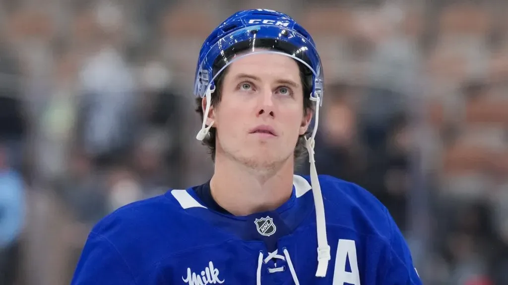 Mitch Marner #16 of the Toronto Maple Leafs looks on following a 5-1 loss against the St. Louis Blues at Scotiabank Arena on October 24, 2024 in Toronto, Ontario, Canada.