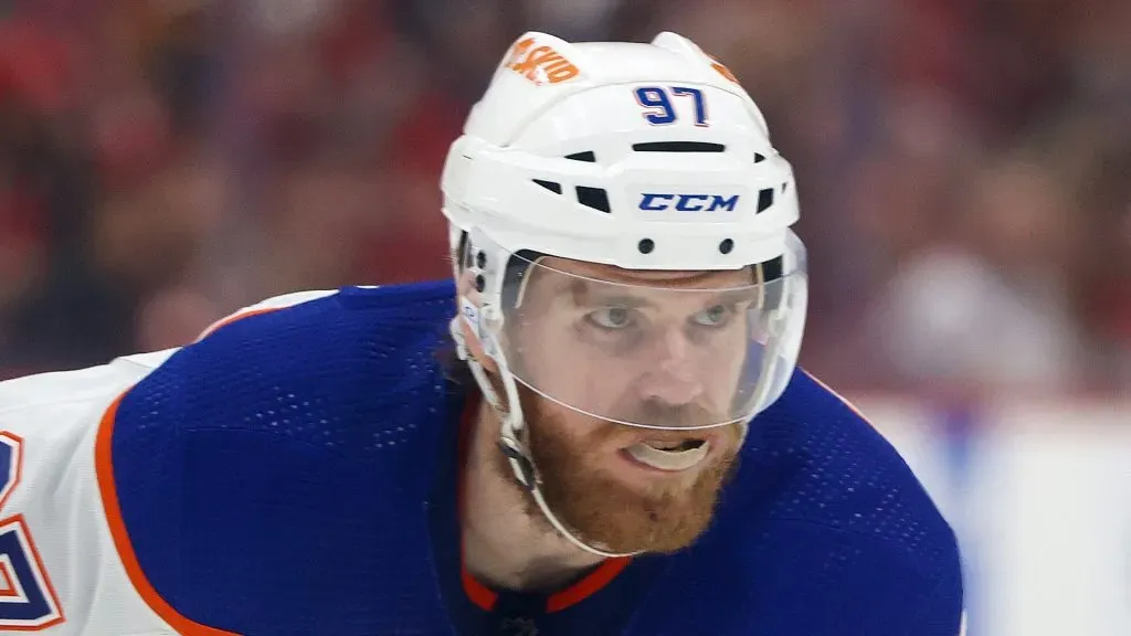 Connor McDavid #97 of the Edmonton Oilers prepares for a face-off against the Florida Panthers in Game Two of the Final of the 2024 Stanley Cup Playoffs at the Amerant Bank Arena on June 10, 2024 in Sunrise, Florida.