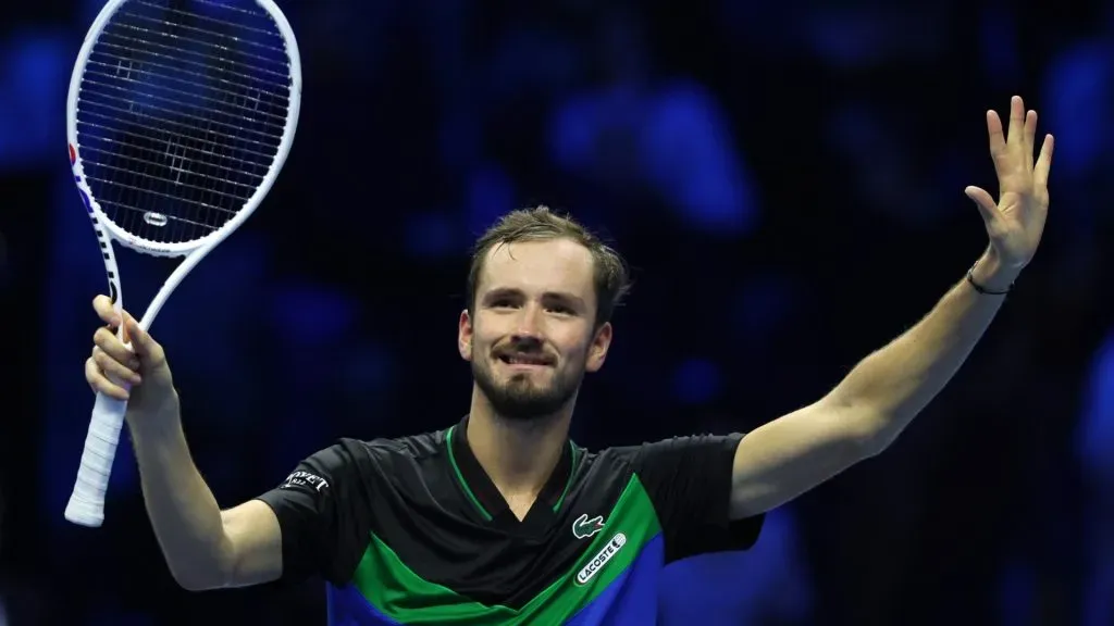 Daniil Medvedev celebrates victory against Andrey Rublev during the Men’s Singles Round Robin match on day two of the Nitto ATP Finals at Pala Alpitour on November 13, 2023. (Source: Clive Brunskill/Getty Images)