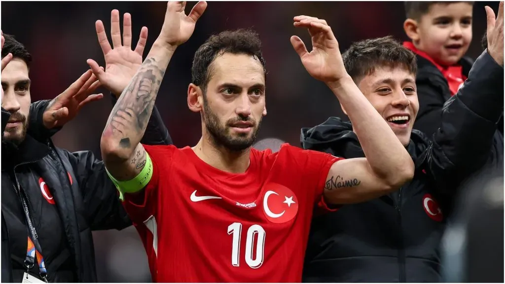 Hakan Calhanoglu and Arda Guler of Turkey celebrates –
