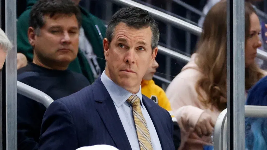Head coach Mike Sullivan of the Pittsburgh Penguins looks on during the first period of the game against the Seattle Kraken at Climate Pledge Arena on October 29, 2022 in Seattle, Washington.