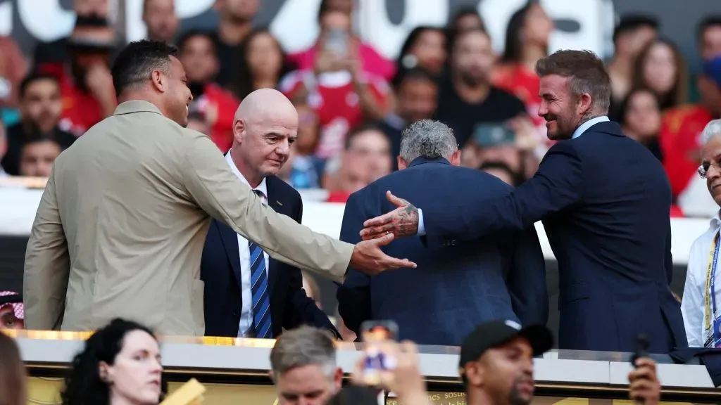David Beckham, co-owner and president of Inter Miami CF shakes hands with Ronaldo prior to the FIFA Club World Cup 2025 group A match between Al Ahly FC and Inter Miami. (Source: Kevin C. Cox/Getty Images)
