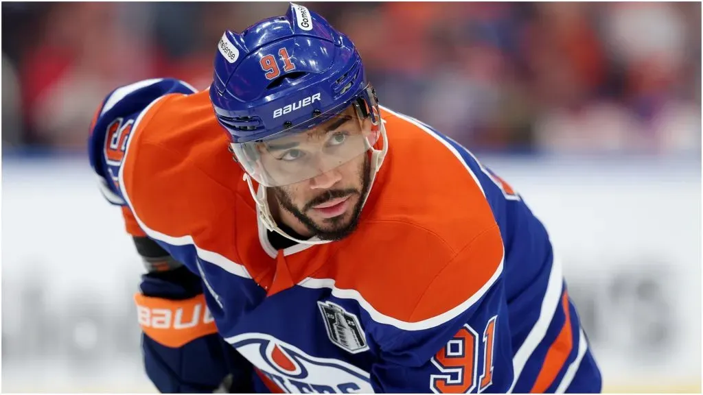 Evander Kane #91 of the Edmonton Oilers looks on against the Florida Panthers during the third period in Game Two of the 2025 Stanley Cup Final at Rogers Place on June 06, 2025 in Edmonton, Alberta.