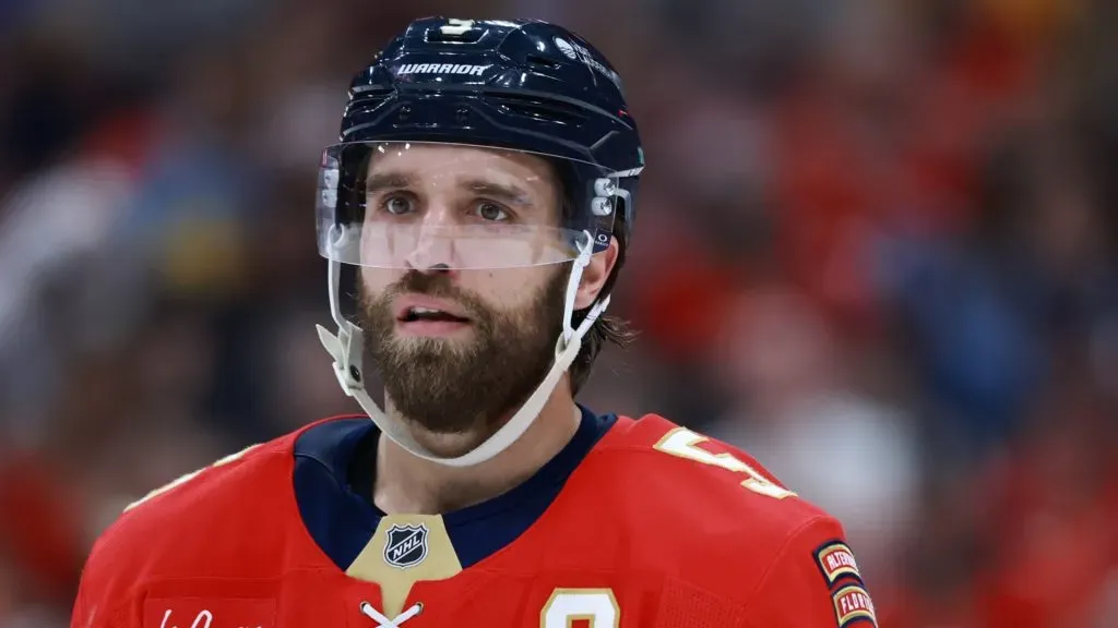 Aaron Ekblad #5 of the Florida Panthers in action against the Chicago Blackhawks during the second period at Amerant Bank Arena on February 01, 2025 in Sunrise, Florida.