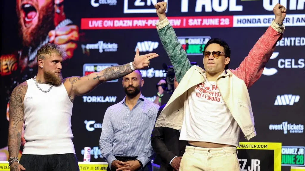 Jake Paul and Julio Cesar Chavez Jr. face off during a press conference at The Avalon on May 14, 2025 in Los Angeles, California. (Photo by Luke Hales/Getty Images)