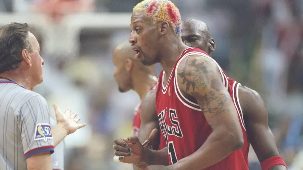 Dennis Rodman of the Chicago Bulls argues with an official during a playoff game against the Miami Heat. (Andy Lyons /Allsport/Getty Images)