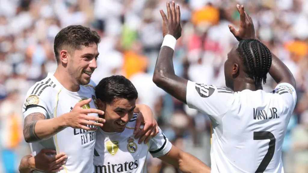 Federico Valverde of Real Madrid C. F. celebrates scoring his teamās third goal with Brahim Diaz and Vinicius Junior of Real Madrid during the FIFA Club World Cup 2025. (Richard Pelham/Getty Images)